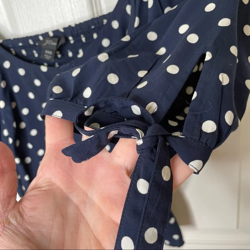 J. Crew Navy Cream‎ Polka Dot Smocked Cropped Peplum Top XXS